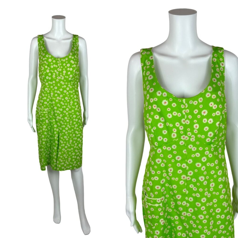 Vintage 70s Daisy Romper Women's 1X Groovy Floral Print Lime Green Playsuit